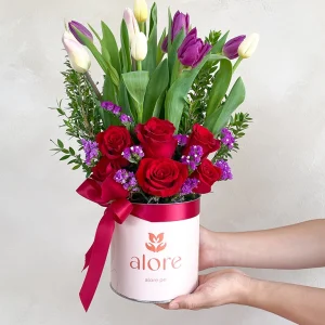 Rosas rojas y tulipanes morados y blancos en caja Alore con lazo rojo