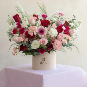 Arreglo grande de rosas, claveles, gerberas y alhelíes en caja Alore