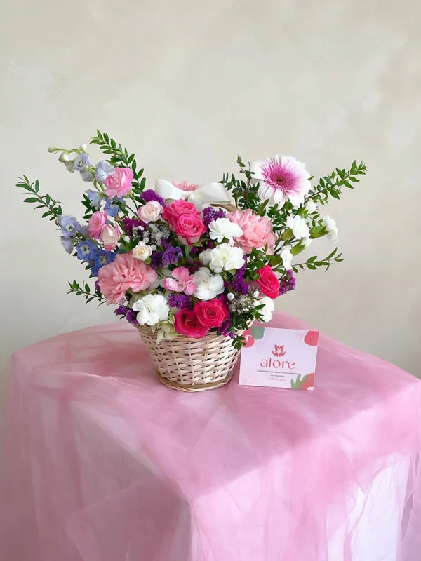 canasta floral con gerberas, hortensia, mini rosas y delphinium