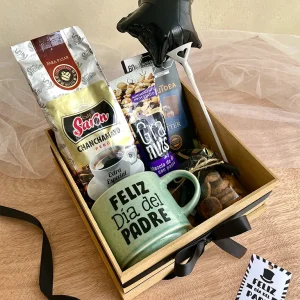 Caja de regalo con café, taza "Feliz Día del Padre" y chocolates