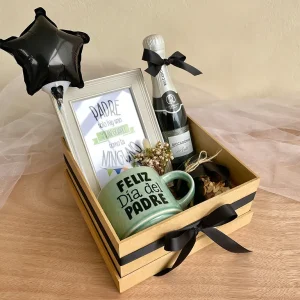 Caja de regalo con portarretrato, taza "Feliz Día del Padre" y espumante