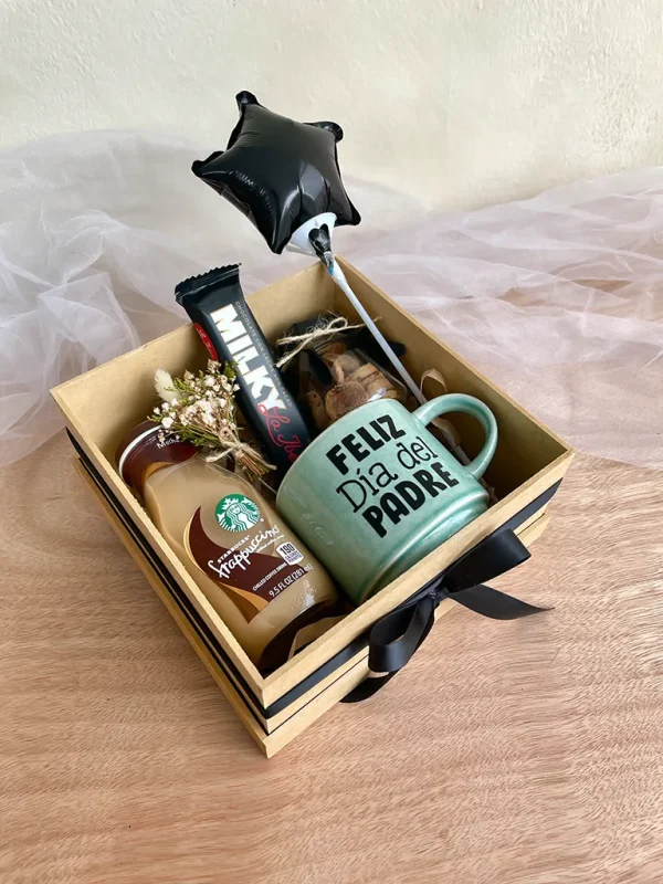 caja regalo por el dia del padre, con taza,jar de galletas, chocolate y frappuccino