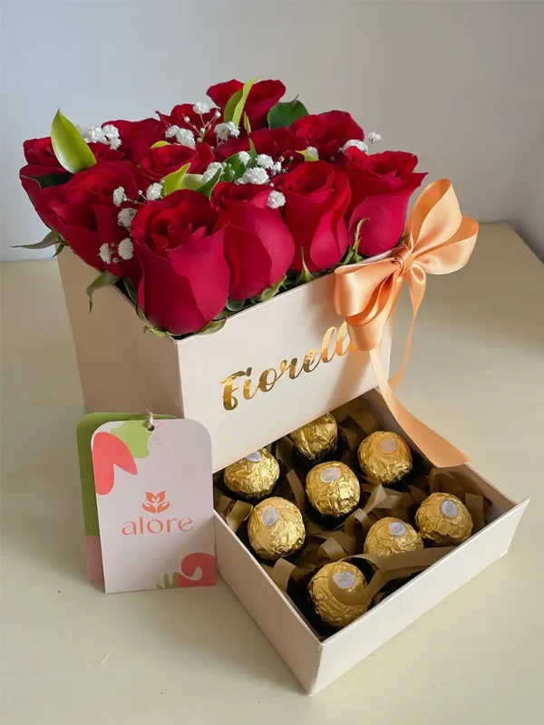 caja con 12 rosas rojas y 8 chocolates ferrero rocher