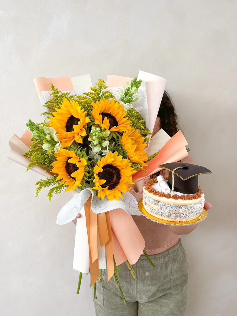 ramo de girasoles con torta de alfajor