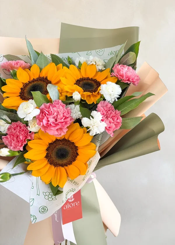 ramo de girasoles estilo coreano ramo con 3 girasoles y claveles importados