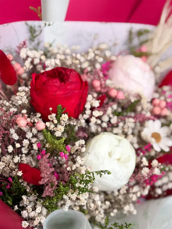 fotografia de 3 peonias rosada,blanca y roja