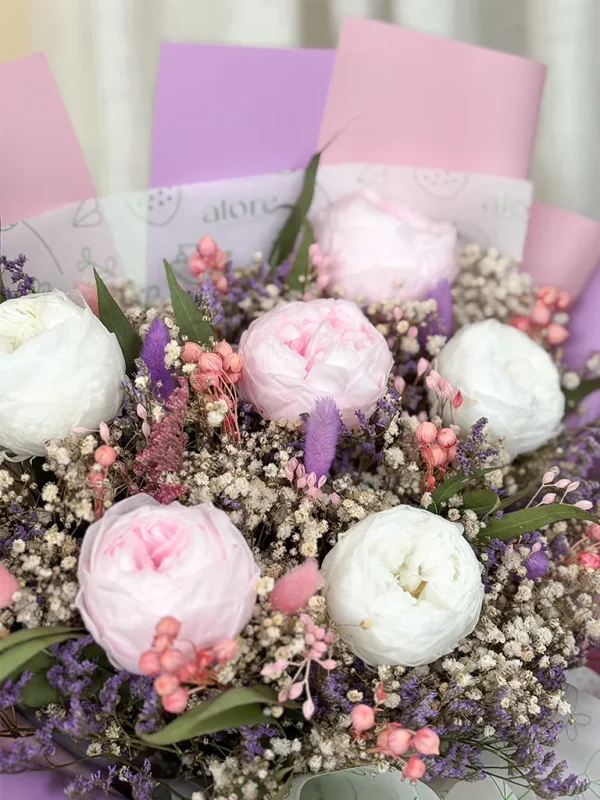 6 peonias preservadas en color rosado y blancos