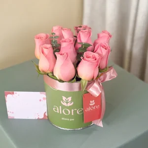 Rosas rosadas con eucalipto en caja verde Alore