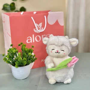 Peluche oveja blanca con tulipán rosado y bolsa de regalo Alore
