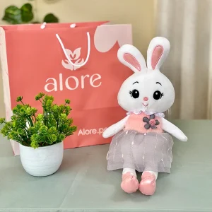 Peluche coneja blanca con vestido de tul rosado y bolsa de regalo Alore