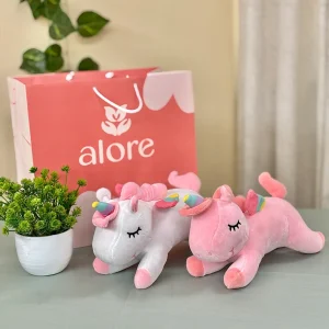 Peluche Unicornio en colores rosado y blanco con bolsa de regalo Alore