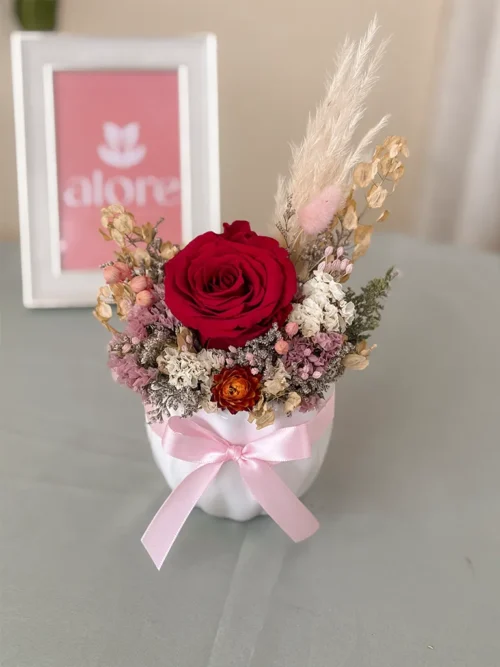 maceta con rosa roja preservada