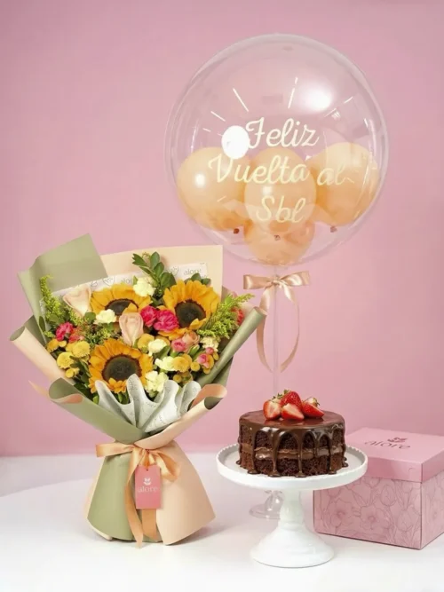 ramo alice con torta y globo happy birthday