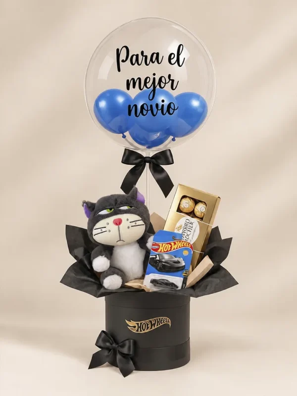 Caja negra con peluche, chocolates Ferrero, auto Hot Wheels y globo "Para el mejor novio"