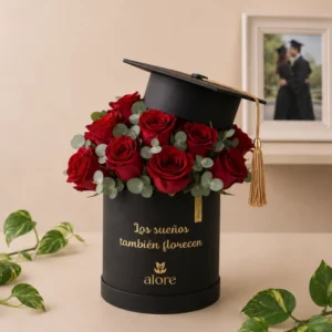 Caja negra de rosas rojas con birrete de graduación Alore
