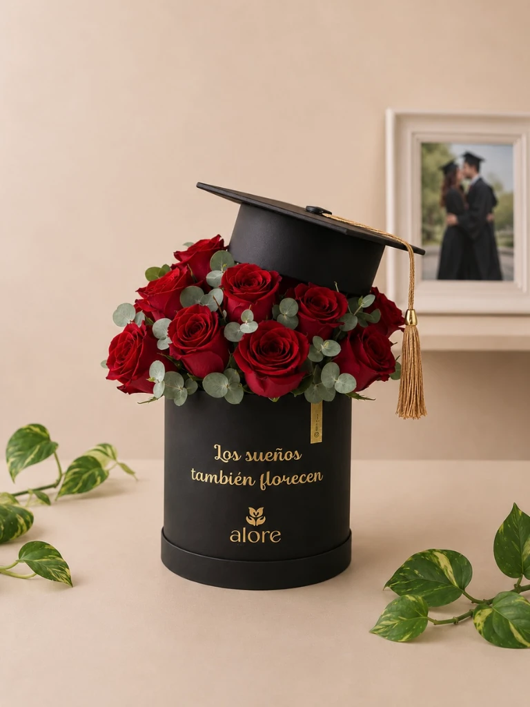 Caja negra de rosas rojas con birrete de graduación Alore