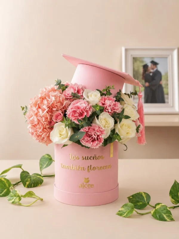 Caja de flores rosa con birrete de graduación de Alore