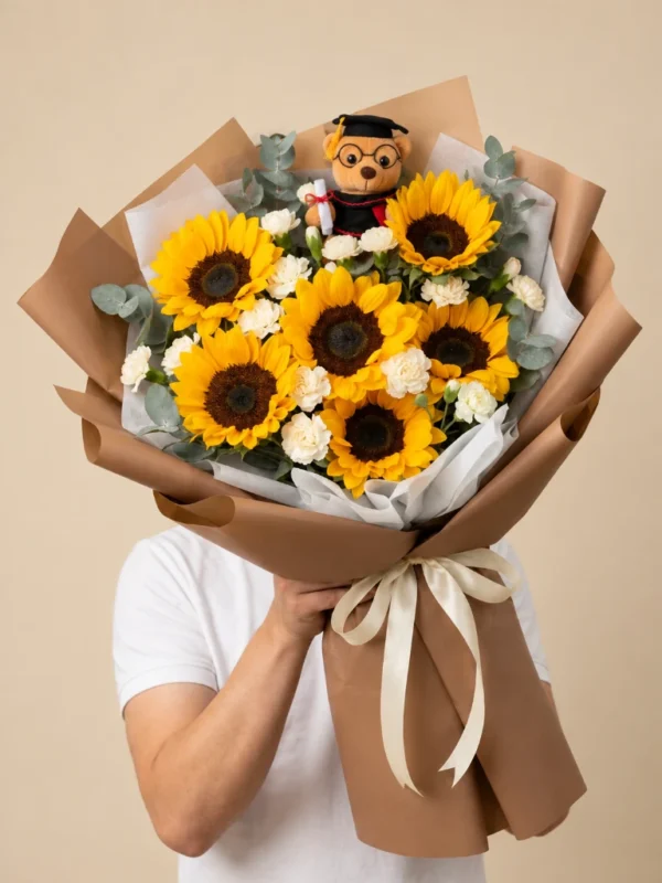 ramo de girasoles con peluche de graduacion beige