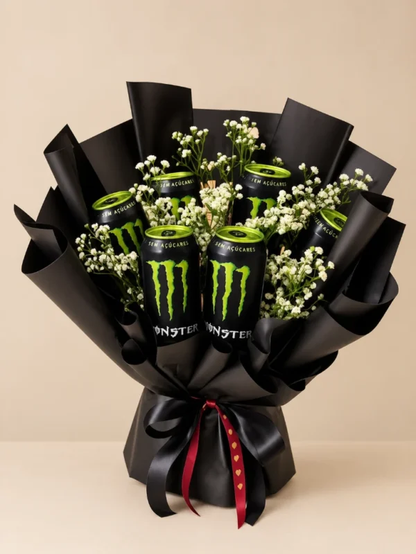 Ramo de latas Monster Energy con flores blancas y papel negro